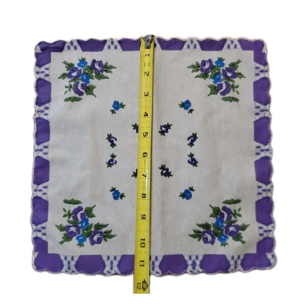Linen Purple Rose Floral‎ Handkerchief Scalloped Cottage Core Bridesmaid Granny